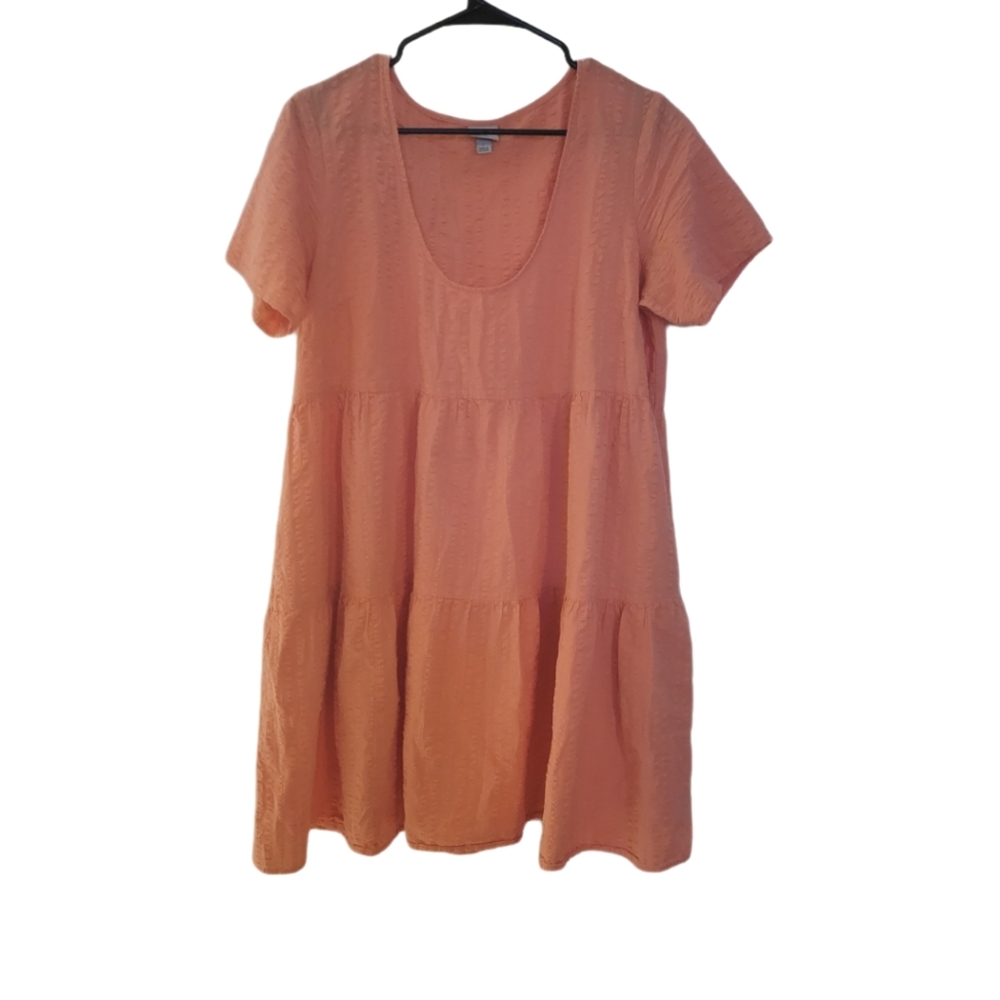 A New Day Women's Seersucker Crinkle Tiered Short Babydoll Dress Coral, Large